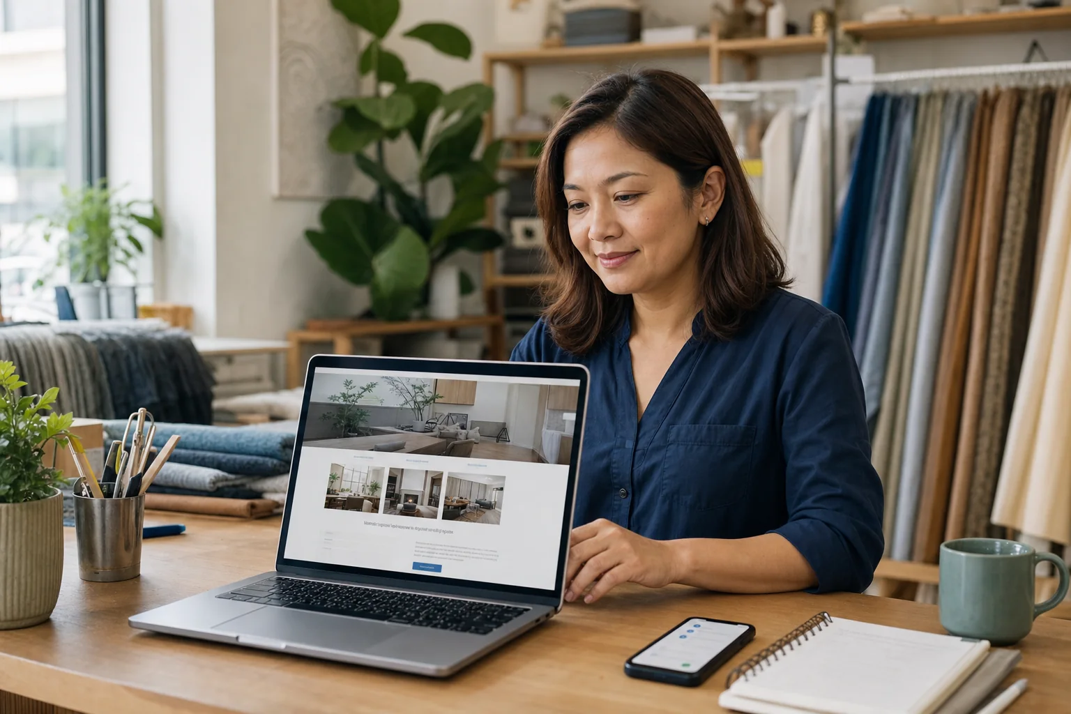 Pemilik bisnes melihat paparan website melalui komputer riba.