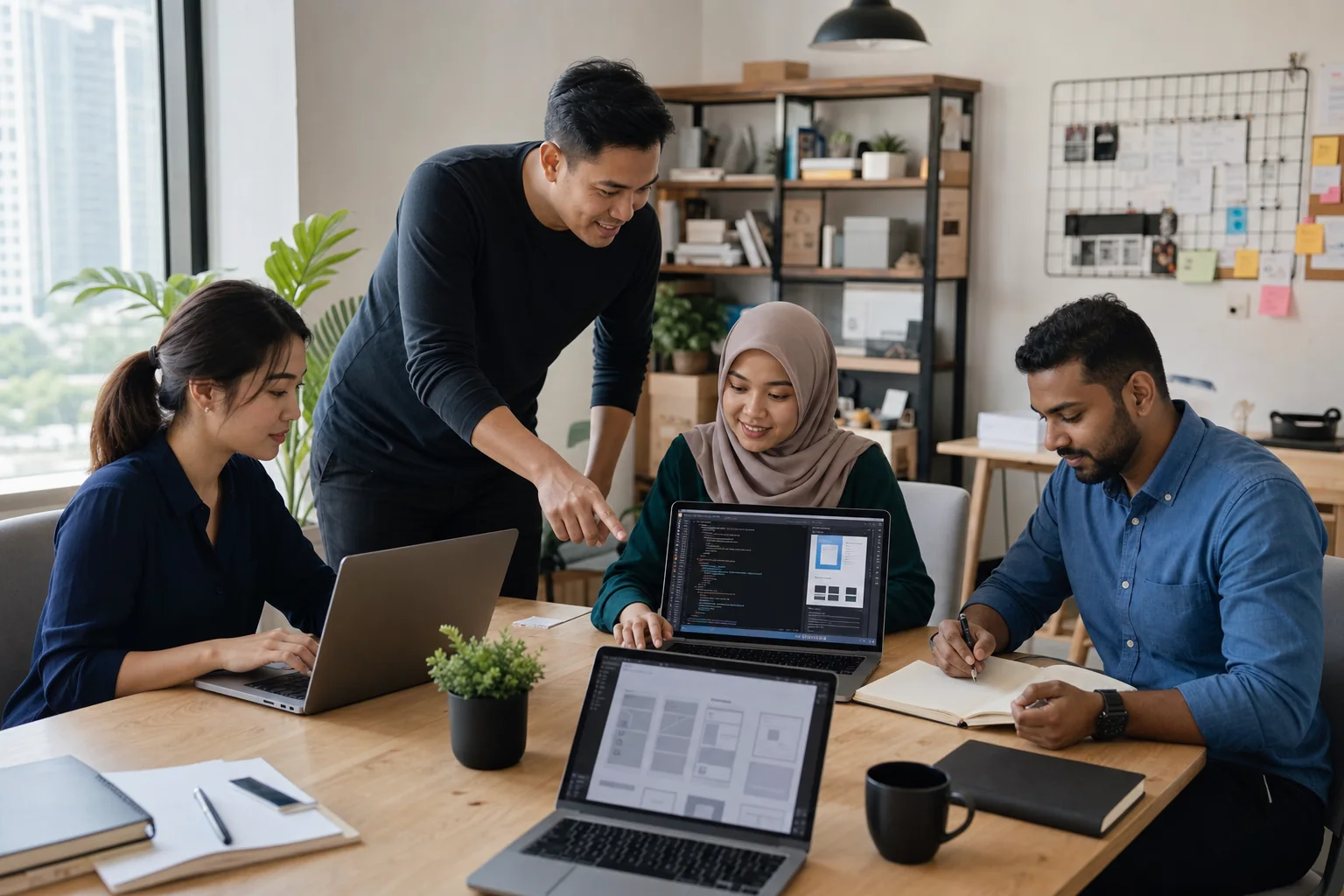 Pasukan digital sedang berbincang dan membangunkan website di pejabat.